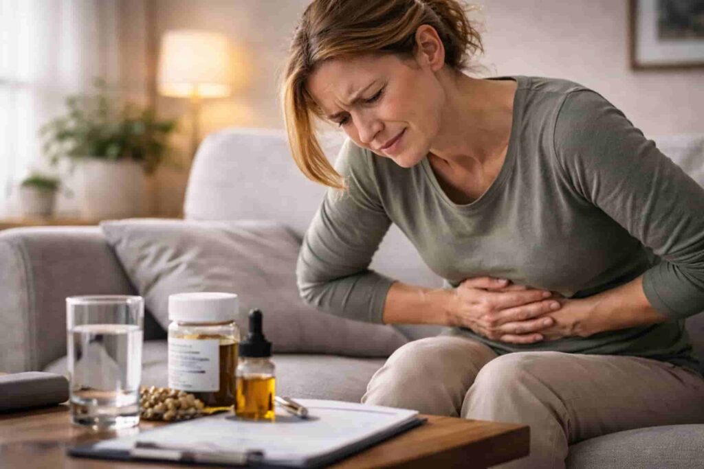 Patient holding abdomen during Crohn’s disease flare with prescribed medical therapy and paperwork nearby.