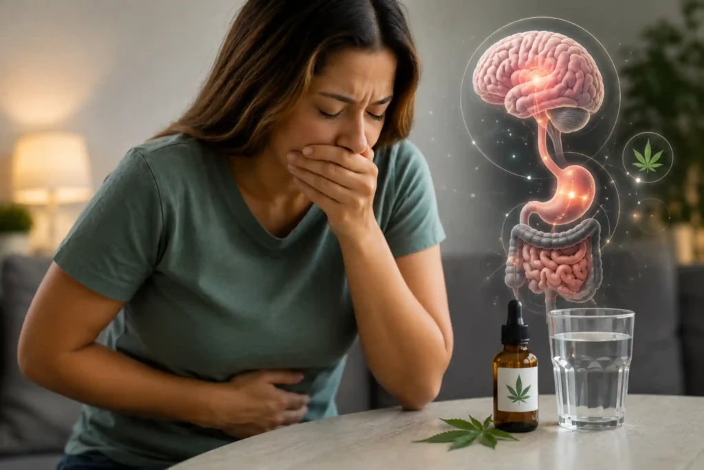 Patient experiencing nausea with subtle medical cannabis imagery and an illustration of the brain-gut connection.