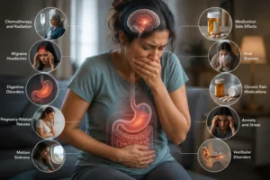 Infographic showing common causes of nausea and the connection between the brain and digestive system.