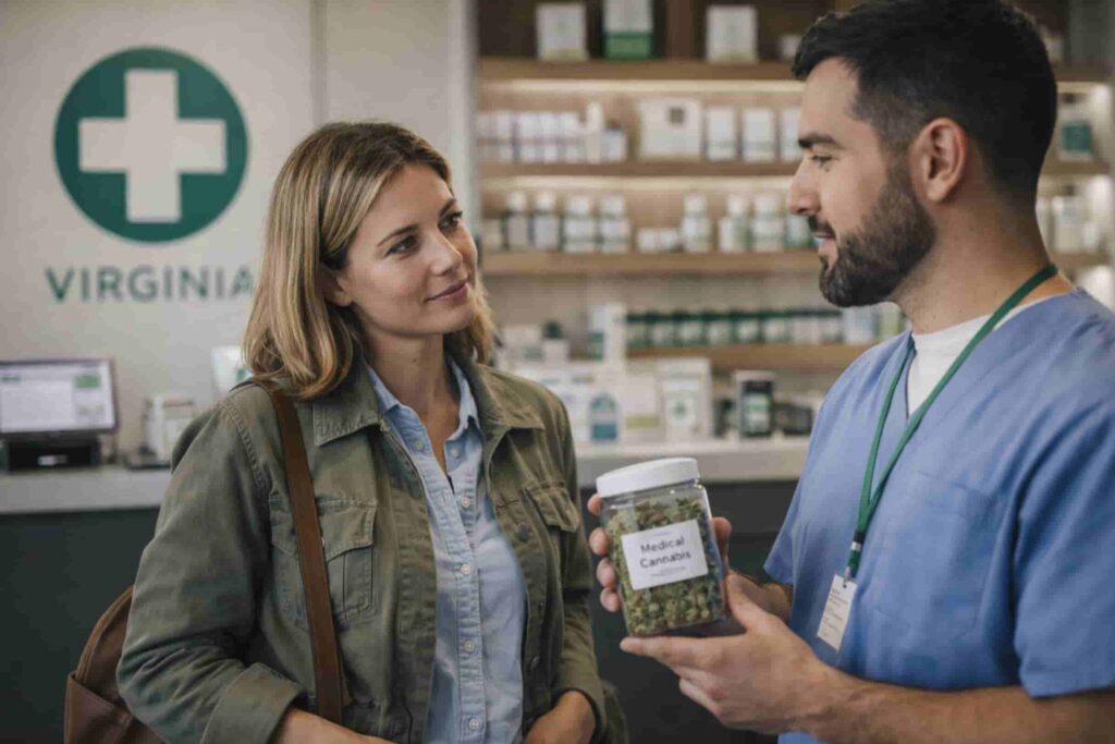 Virginia medical marijuana dispensary consultation with patient speaking to staff about legal cannabis products in a licensed Virginia dispensary
