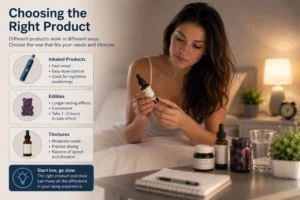 Woman reviewing medical cannabis sleep products including tinctures and edibles while learning about different options for improving sleep quality.