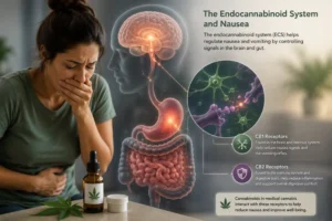 Medical infographic showing the relationship between the endocannabinoid system, the brain, and nausea regulation.