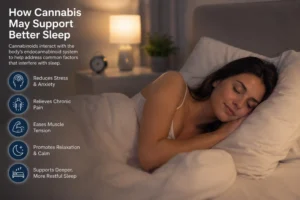 Woman sleeping peacefully in bed with an infographic illustrating how medical cannabis may reduce pain, anxiety, and muscle tension to support restful sleep.