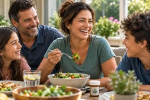 Patient previously affected by nausea enjoying a meal with family after finding symptom relief with medical cannabis.
