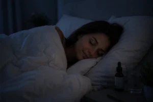 Woman sleeping peacefully and comfortably in a dark bedroom after incorporating medical cannabis into her healthy sleep routine.