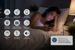 Exhausted woman lying awake in bed at night using her phone, with an infographic illustrating common causes of sleep problems including stress, pain, screen time, and irregular sleep habits.