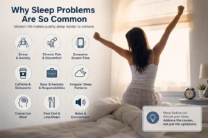 Woman sitting awake in bed looking fatigued and stressed, illustrating common causes of sleep problems and insomnia.