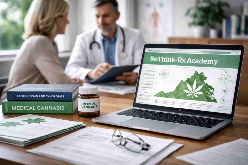 Physician consulting a patient with ReThink-Rx Academy medical cannabis education displayed on a laptop