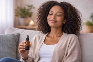 Woman with PTSD appearing relaxed and emotionally stable at home.Patient experiencing relief from PTSD symptoms in a calm home setting.
Black female patient practicing quiet relaxation during PTSD recovery.