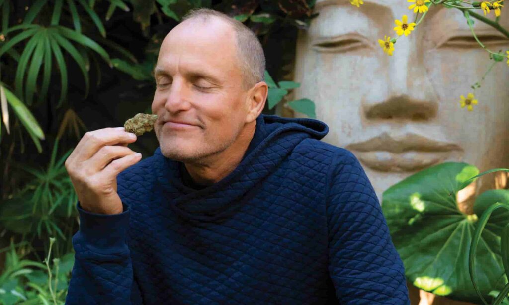 Woody-Harrelson-smells-cannabis-flower-and smiles