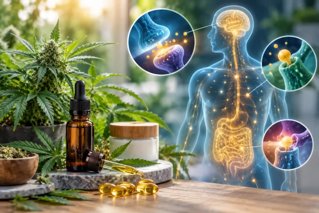 CBD oil and cannabis plant beside a medical visualization of the human endocannabinoid system and cannabinoid receptors