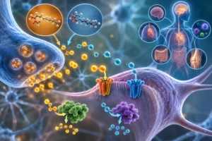 Medical illustration of the endocannabinoid system showing endocannabinoids, cannabinoid receptors, enzymes, and cell signaling.