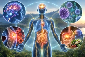 Medical illustration showing how the endocannabinoid system supports homeostasis through brain signaling, immune function, pain, inflammation, appetite, and metabolism.