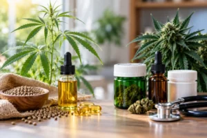 Hemp CBD oil and capsules compared with CBD-rich medical cannabis products in a professional healthcare setting.