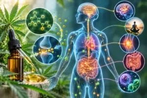 Medical infographic showing how CBD interacts with the endocannabinoid system and signaling pathways throughout the human body.