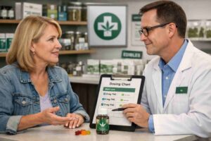 Middle-aged female patient discussing cannabis edible dosing with dispensary pharmacist using THC dosing chart