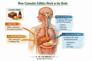 Medical cannabis edibles mechanism of action showing digestion, liver metabolism into 11-hydroxy-THC, and effects on the brain