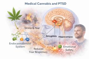 Medical diagram showing how cannabinoids interact with the brain's endocannabinoid system to reduce fear and stress responses in PTSD.
