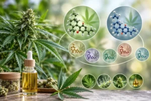 Medical illustration of phytocannabinoids from the cannabis plant, including THC, CBD, and other naturally occurring plant cannabinoids.