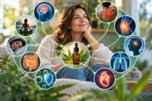 Patient surrounded by medical imagery representing potential CBD benefits for pain, sleep, anxiety, inflammation, brain health, and immune function.