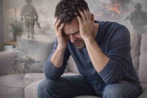 Man experiencing PTSD symptoms while reliving a traumatic flashback.