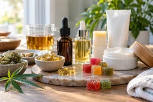 Different types of CBD products including oils, capsules, gummies, creams, and topical products displayed together.