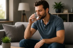 Man sitting comfortably on a sofa drinking water while recovering from cannabis overconsumption in a calm home environment.