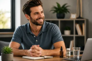 Smiling medical cannabis patient confidently managing treatment in a comfortable home setting with subtle medical cannabis products and a notebook.