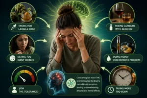 Medical infographic illustrating the common causes of greening out, including high THC doses, edibles, alcohol, low tolerance, concentrated cannabis products, and taking additional doses too quickly.