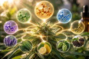Cannabis entourage effect showing cannabinoids and terpenes working together around a medical cannabis plant.