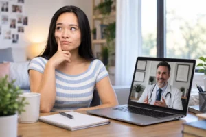 Virginia patient considering the consequences of getting a medical marijuana card during an online telehealth consultation with a doctor.