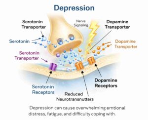 Medical illustration showing how serotonin and dopamine neurotransmitters affect mood regulation in depression.