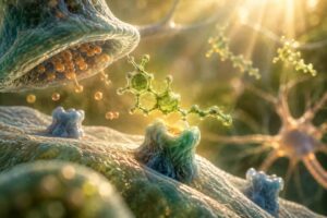 THC molecule interacting with cannabinoid receptors in the endocannabinoid system to illustrate how THC affects the body.