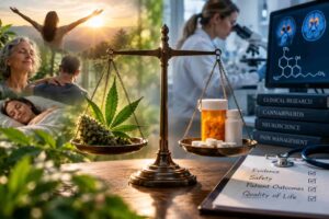 THC as medicine represented by medical cannabis, prescription medication, clinical research, and potential patient benefits.