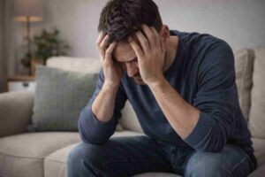 Male patient experiencing depression symptoms while sitting alone at home.