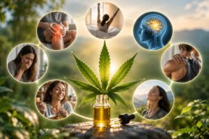 Medical benefits of THC illustrated through pain relief, sleep, appetite, nausea, muscle symptoms, and effects on the nervous system.