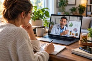 Medical cannabis patient learning about THC and its effects during a telehealth appointment with a physician.