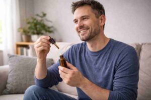 Man showing improved mood while using medical cannabis as part of depression care.