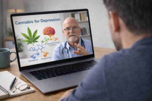 Doctor explaining how medical cannabis may help depression during a telehealth consultation.