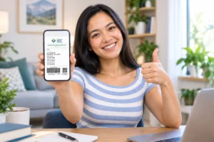 Happy Virginia patient showing her medical cannabis certification on her phone and giving a thumbs-up after completing the certification process.