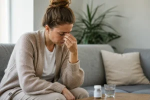 A concerned patient sitting on a couch with dizziness and discomfort after consuming too much medical cannabis, illustrating the symptoms of greening out.
