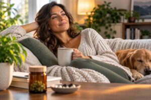 Relaxed medical cannabis patient at home illustrating what THC can feel like and its potential calming effects.