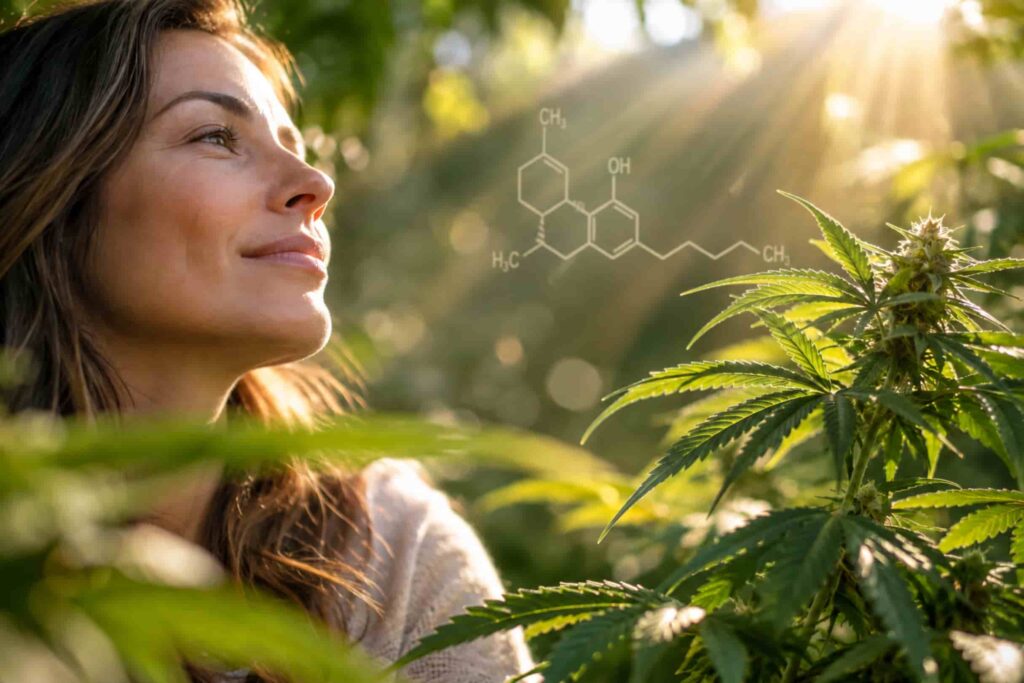 Patient with a cannabis plant and THC molecule representing the medical benefits and effects of tetrahydrocannabinol.