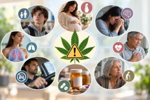 THC safety infographic showing people who may need extra caution, including pregnant patients, older adults, teens, and people with heart or mental health concerns.