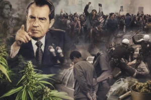 Collage showing Richard Nixon, protests, police action illustrating the war on drugs.