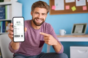 Smiling male patient holding a smartphone displaying a digital medical cannabis certification in a bright, modern office.