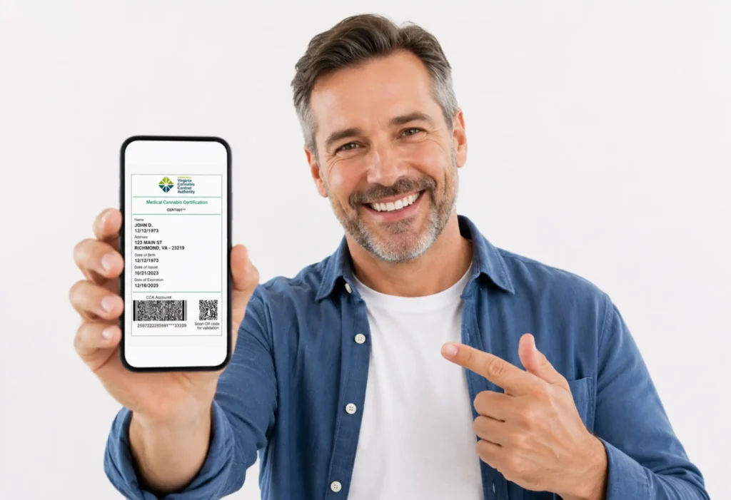 male patient is smiling as he shows the viewer his digital medical cannabis certificate