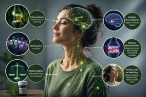 Medical infographic illustrating how the endocannabinoid system interacts with the brain and nervous system to influence anxiety and stress responses.