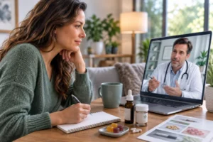 Patient participating in a telehealth consultation with a physician while discussing medical cannabis treatment options for anxiety.
