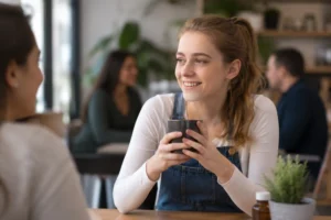 Young woman comfortably participating in a social conversation after finding relief from anxiety symptoms with medical cannabis treatment.